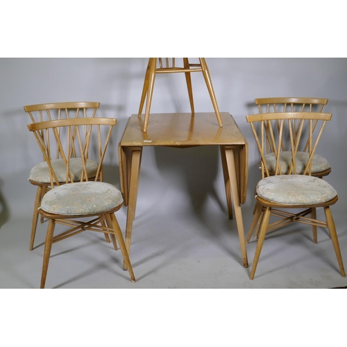 1103 - A set of four Ercol Shalstone dining chairs and blonde elm drop leaf dining table, and one Ercol cha... 