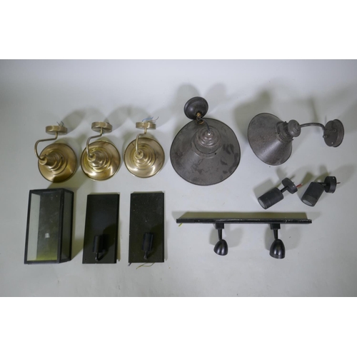 1107 - A quantity of assorted metal pennant and wall lamps, largest 34cm diameter