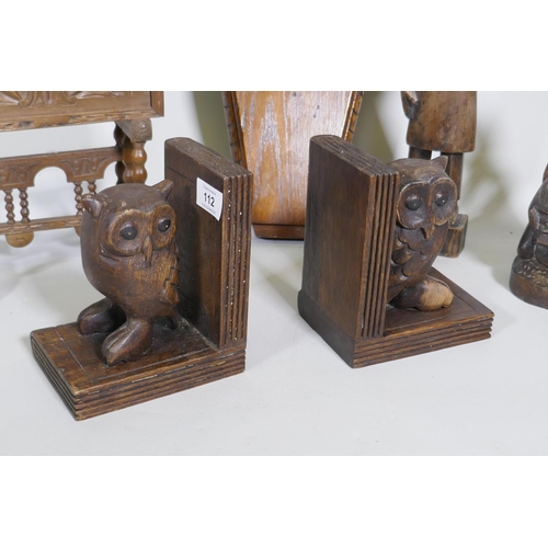 112 - A pair of carved wood owl bookends, African figures, a jewellery box in the form of an escritoire an... 