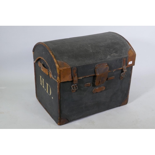 1146 - An antique painted canvas and leather dome shaped carriage trunk, 65 x 50 x 60cm