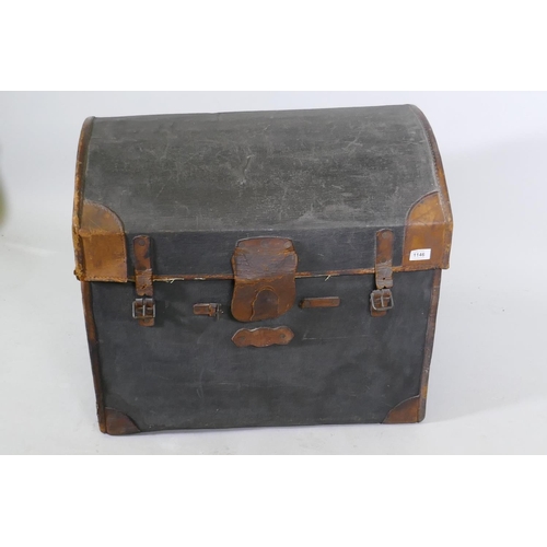 1146 - An antique painted canvas and leather dome shaped carriage trunk, 65 x 50 x 60cm