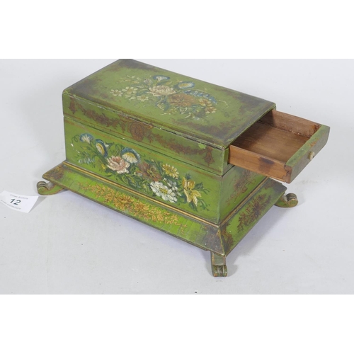 12 - A C19th jewellery box with painted and parcel gilt decoration, fitted with a small drawer, 21 x 13 x... 