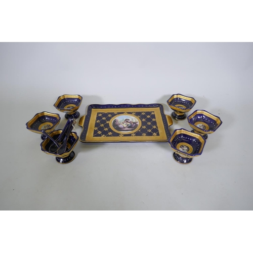 123 - A Vienna style porcelain dessert service, tray 25 x 39cm