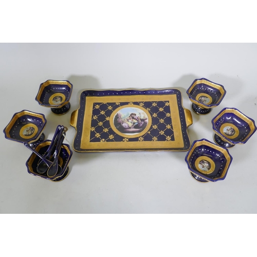 123 - A Vienna style porcelain dessert service, tray 25 x 39cm