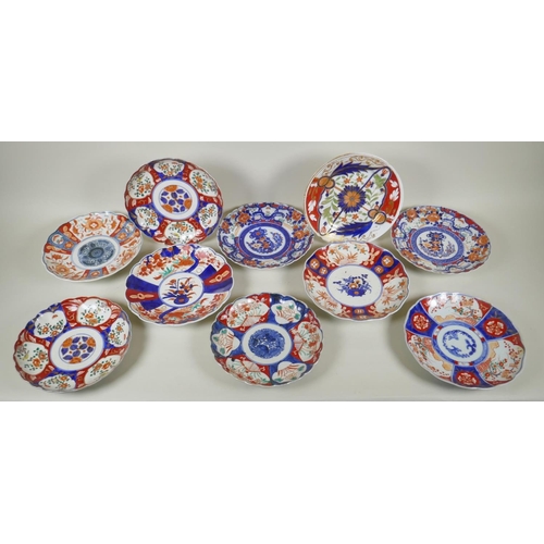 136 - Ten C19th Japanese Imari porcelain plates with scalloped rims and floral decoration, largest 22cm di... 