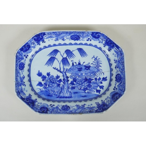 138 - A C19th Chinese blue and white porcelain export ware dish, with historic pinned repairs, 36 x 27cm