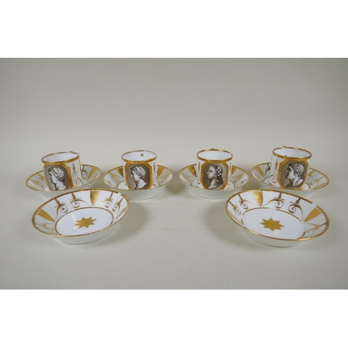 139 - An Empire style gilded porcelain tea set comprising four cups and six saucers, decorated with grisai... 