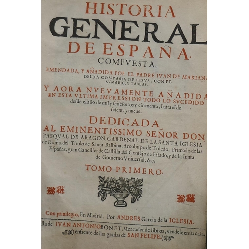 15 - A History of Spain, C17th, two volumes, bound in vellum, Juan de Mariana, Historia General de Espana... 