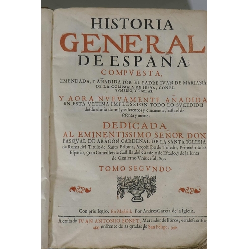 15 - A History of Spain, C17th, two volumes, bound in vellum, Juan de Mariana, Historia General de Espana... 