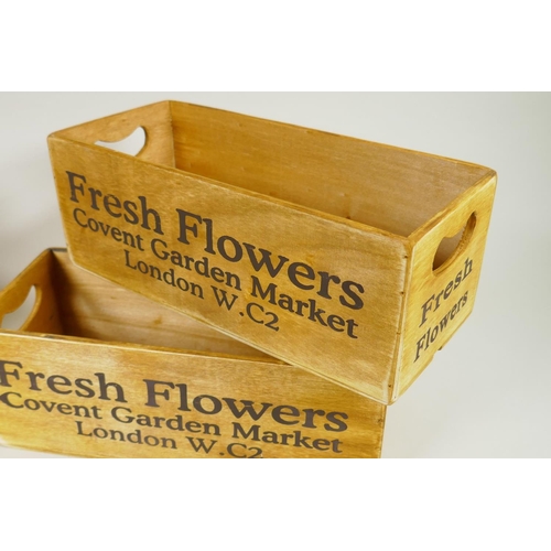 156 - Four wooden 'Covent Garden Flower Market' planting trays. 29 x 13c,