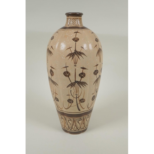 158 - A Chinese Cizhou kiln pottery vase of ribbed form with painted bamboo style decoration, 32cm high, A... 