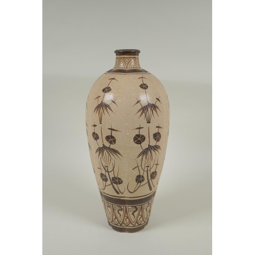 158 - A Chinese Cizhou kiln pottery vase of ribbed form with painted bamboo style decoration, 32cm high, A... 