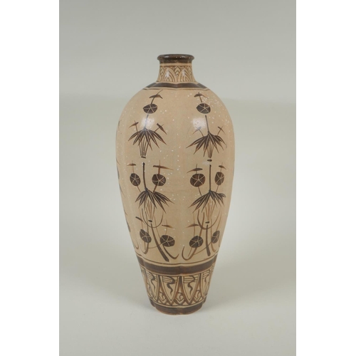 158 - A Chinese Cizhou kiln pottery vase of ribbed form with painted bamboo style decoration, 32cm high, A... 