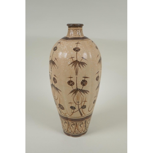 158 - A Chinese Cizhou kiln pottery vase of ribbed form with painted bamboo style decoration, 32cm high, A... 