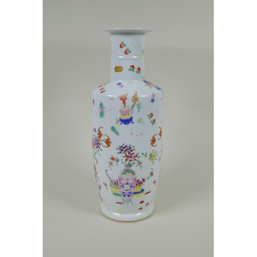 160 - A Chinese polychrome porcelain rouleau vase, decorated with bats, flowers and objects of virtue, Gua... 