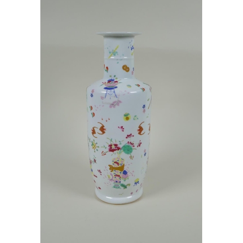 160 - A Chinese polychrome porcelain rouleau vase, decorated with bats, flowers and objects of virtue, Gua... 