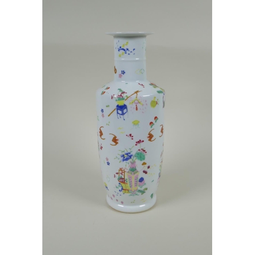 160 - A Chinese polychrome porcelain rouleau vase, decorated with bats, flowers and objects of virtue, Gua... 