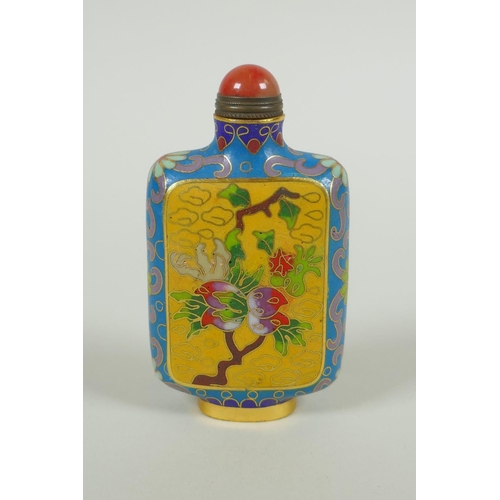 163 - A Chinese cloisonne snuff bottle with decorative panels depicting a peach tree, 9cm high