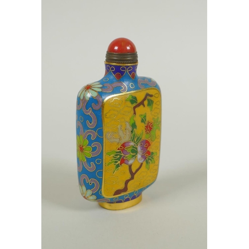 163 - A Chinese cloisonne snuff bottle with decorative panels depicting a peach tree, 9cm high