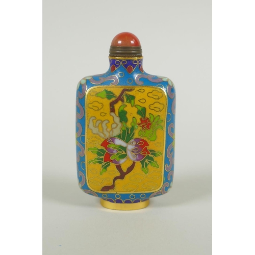 163 - A Chinese cloisonne snuff bottle with decorative panels depicting a peach tree, 9cm high