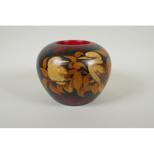 166 - A mid century Australian turned wood vase/pot with painted pokerwork style decoration of two kookabu... 