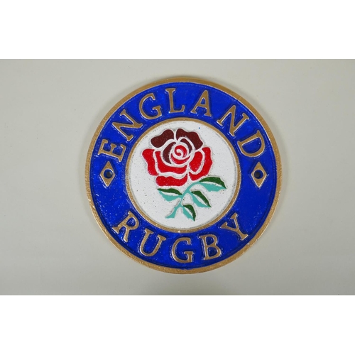 184 - A 'England Rugby' painted cast iron wall plaque, 23cm diameter