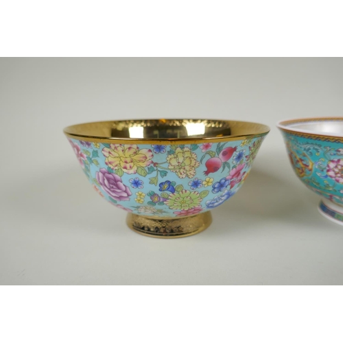 185 - A pair of Chinese gilt lustre and polychrome porcelain bowls with allover floral decoration, and ano... 