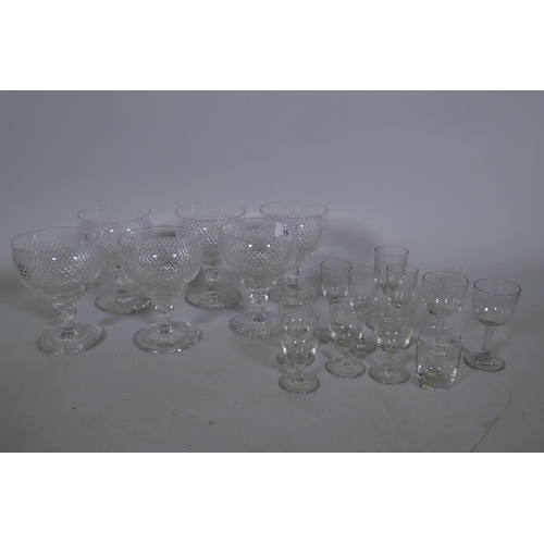 19 - Six Victorian hobnail cut glass sundae dishes, and a quantity of liqueur and sherry glasses