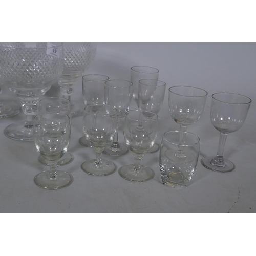 19 - Six Victorian hobnail cut glass sundae dishes, and a quantity of liqueur and sherry glasses