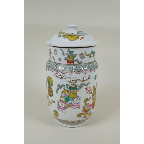 190 - A Chinese Republic porcelain jar and cover, decorated with objects of virtue, seal mark to base, 28c... 