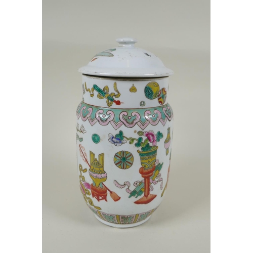 190 - A Chinese Republic porcelain jar and cover, decorated with objects of virtue, seal mark to base, 28c... 