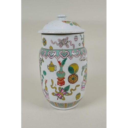 190 - A Chinese Republic porcelain jar and cover, decorated with objects of virtue, seal mark to base, 28c... 