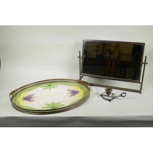 193 - An antique porcelain tray with pierced brass gallery, decorated with Art Nouveau style flowers, an a... 