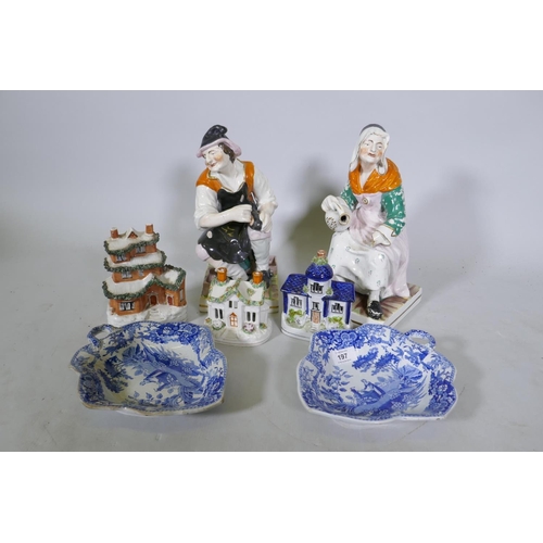 197 - A pair of Staffordshire pottery figures, the cobbler and his wife, AF, three pastille burners, and a... 