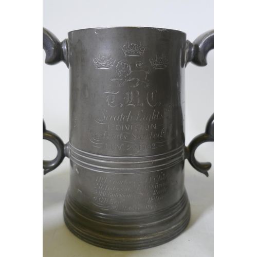 202 - A Victorian pewter rowing trophy, Scratch Eight, 1st Division, November 29, 1862; Selwyn College, 19... 