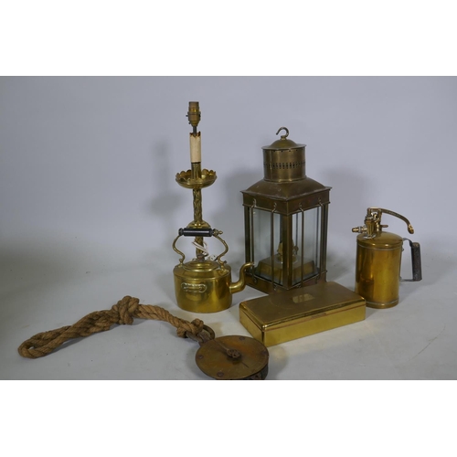 203 - A brass lantern, 40cm high, a pressurised spray can, kettle, Salter's Class III spring balance etc