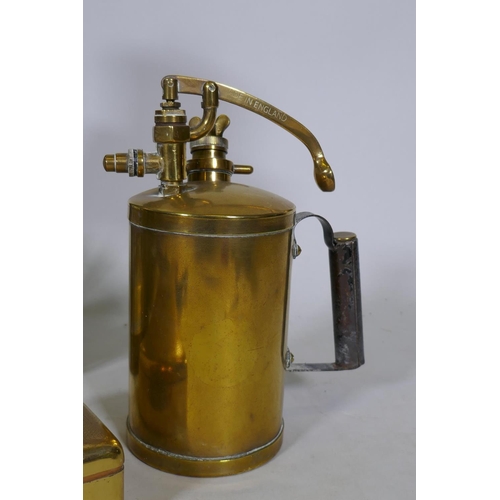 203 - A brass lantern, 40cm high, a pressurised spray can, kettle, Salter's Class III spring balance etc