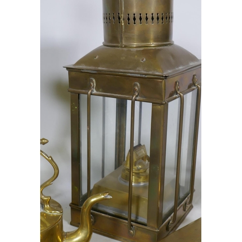 203 - A brass lantern, 40cm high, a pressurised spray can, kettle, Salter's Class III spring balance etc