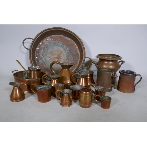 204 - A quantity of copper, jam pan, jugs and tankards etc, pan 43cm diameter