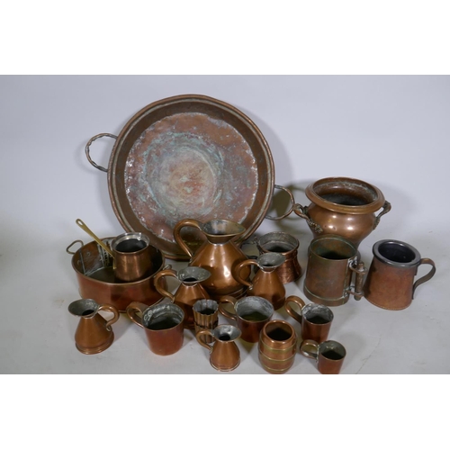 204 - A quantity of copper, jam pan, jugs and tankards etc, pan 43cm diameter