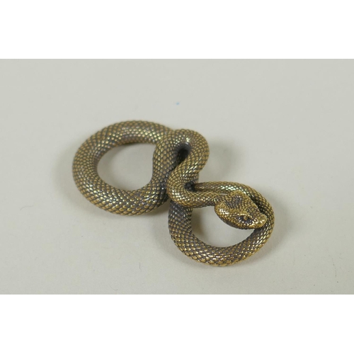 225 - A Japanese style bronze okimono of a coiled snake, 5cm long