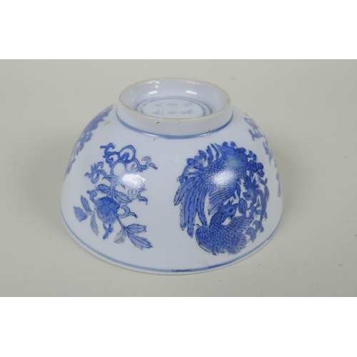 240 - A Chinese blue and white porcelain bowl with phoenix and floral decoration, Qianlong 6 character mar... 