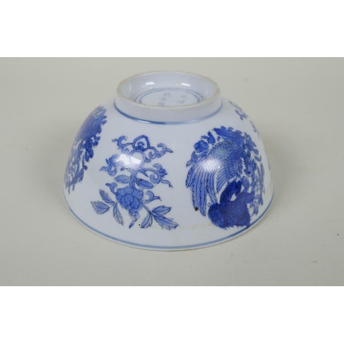 240 - A Chinese blue and white porcelain bowl with phoenix and floral decoration, Qianlong 6 character mar... 