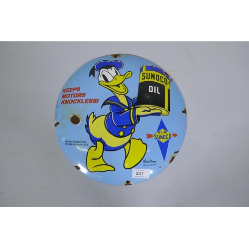 241 - A Sunoco Oil vintage style enamelled metal sign, 30cm diameter