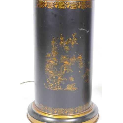 243 - A pair of toleware table lamps with parcel gilt decoration on a black ground, 82cm high