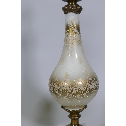 246 - A pair of silver plated glass table lamps with brass mounts and marble base, 70cm high