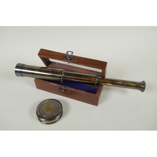 256 - A boxed reproduction 'W. Ottway & Co' brass three draw telescope, and a reproduction brass Marin... 