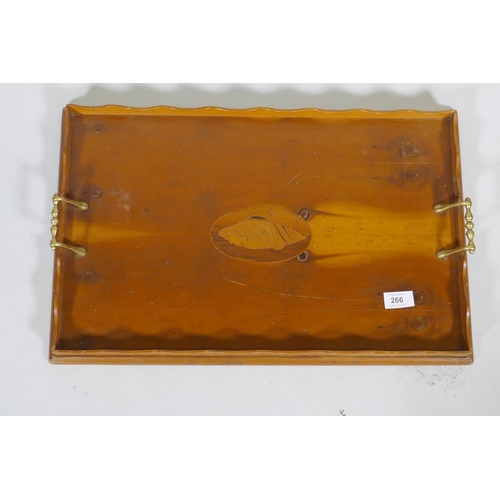 266 - An inlaid yew wood veneered gallery tray with brass handles, 35 x 54cm