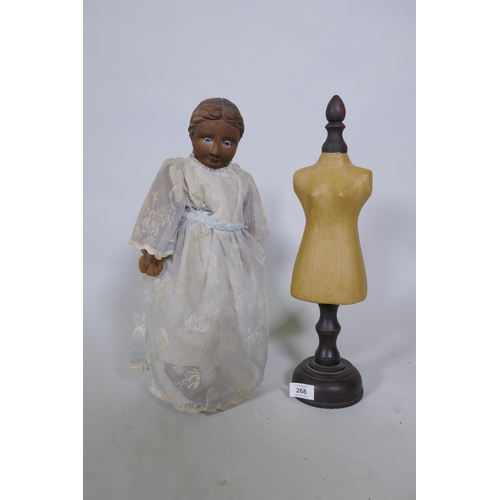 268 - Antique wooden headed doll and a doll's tailor's dummy