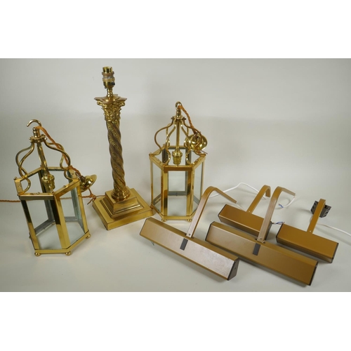 272 - A brass Corinthian column table lamp, a pair of brass and glass hexagonal lanterns and four picture ... 